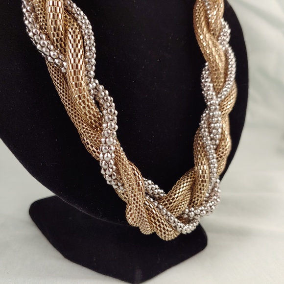 Gold and Silver Metal Braid Weave Necklace Weave Braided 5 Strands 24"-27" - Picture 2 of 7